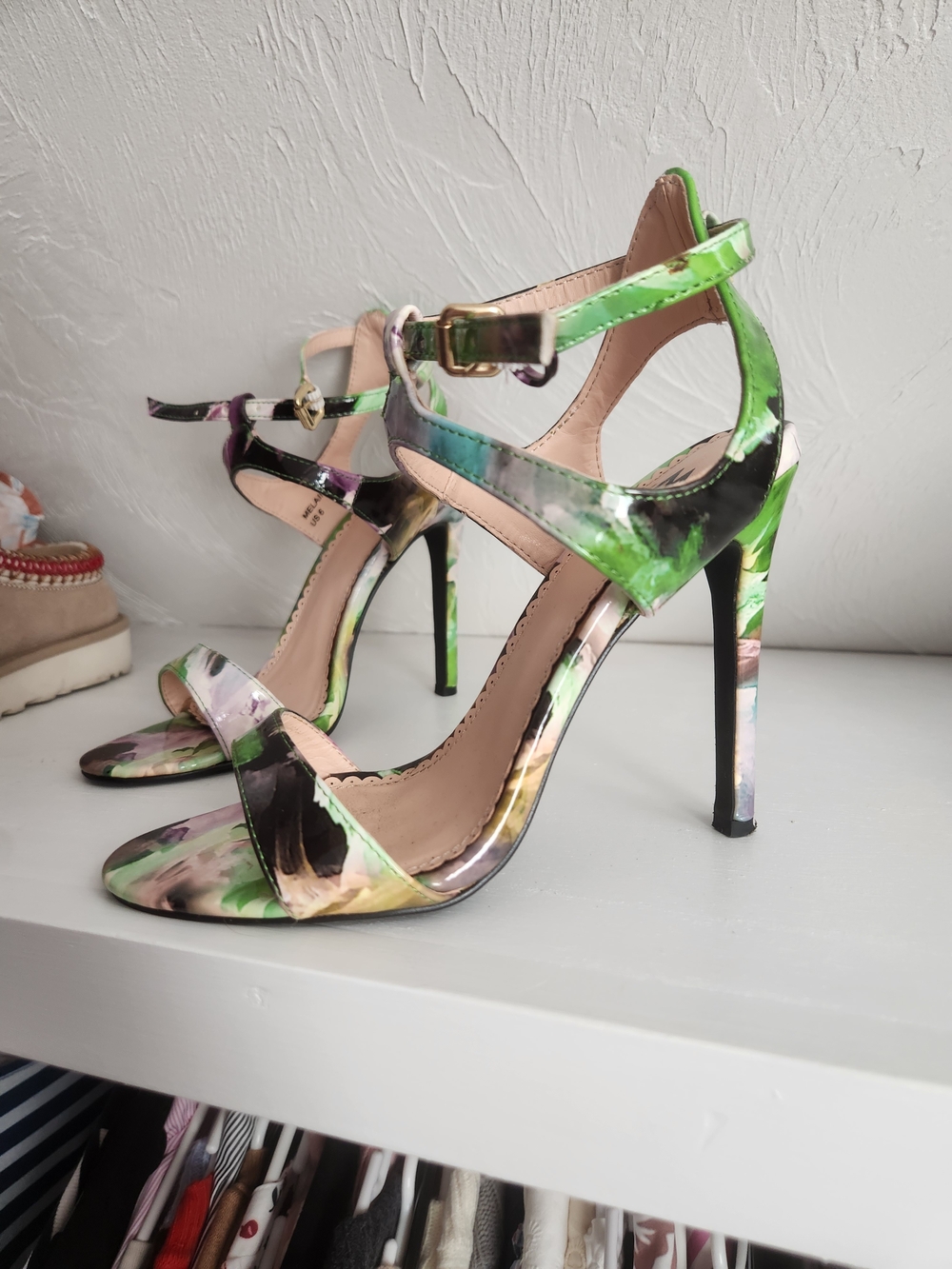 Women’s Green Floral High Heel Sandals - Strappy Stiletto